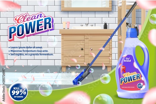 Bottle Clean Power. Mop Washes Bathroom Floor.