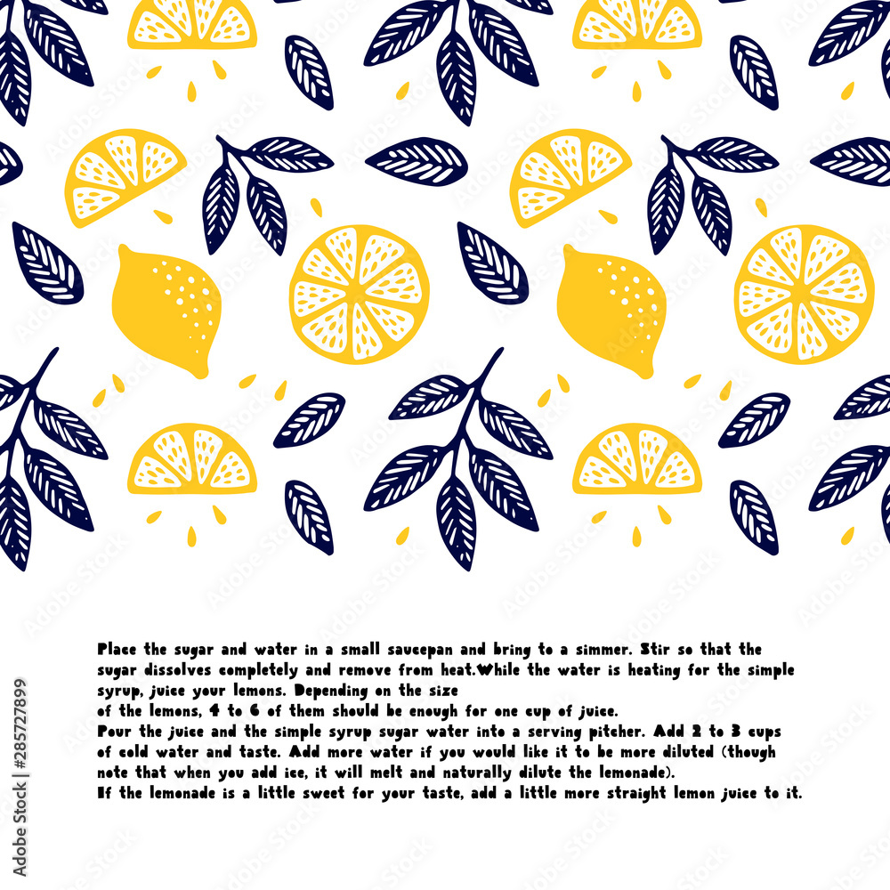 Obraz premium Lemonade recipe. Summer card of hand drawn lemons