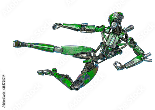 ninja robot doing a super kick in a white background