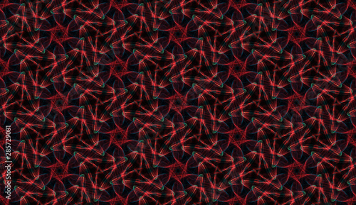 Modern infernal seamless pattern on black background. Abstract ornament of repeating red glowing elements.