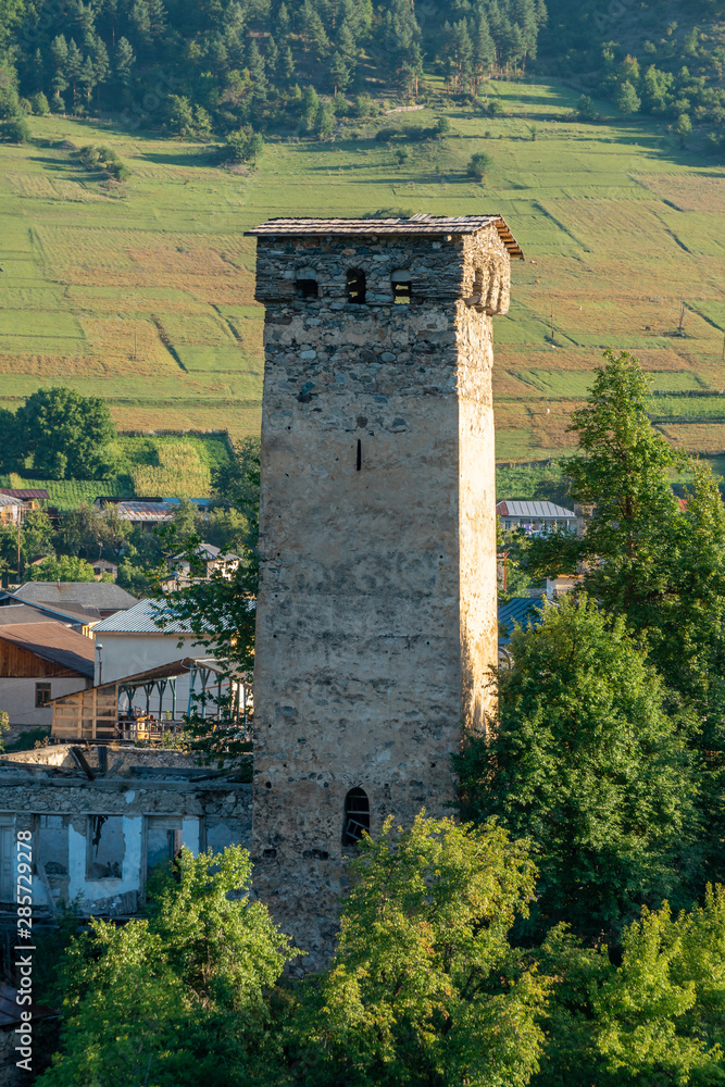 View of one of the medieval defensive towers in the Svanetian town of Mestia, Georgia.