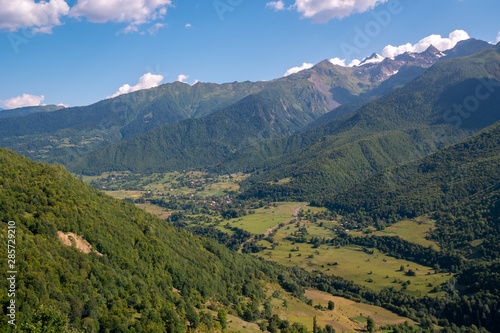 Beautiful view of small village and high mountains in upper Svaneti  Georgia.