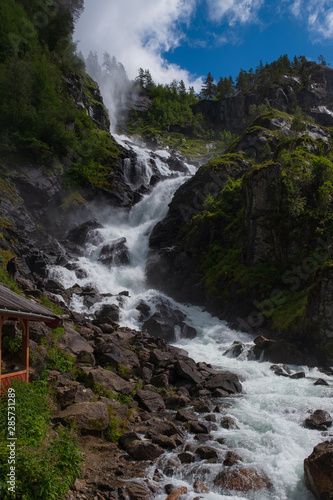 Latefossen (Latefoss) twin waterfall - one of the biggest waterfalls in Norway, nearby Odda. HDR image, july 2019