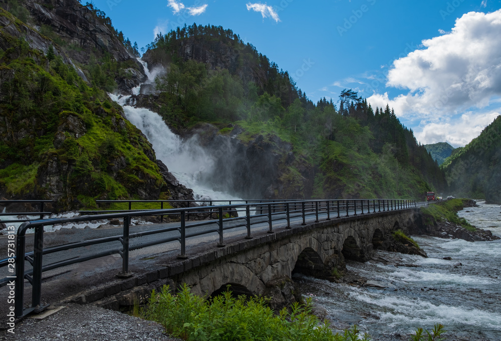Fototapeta premium Latefossen (Latefoss) twin waterfall - one of the biggest waterfalls in Norway, nearby Odda. HDR image, july 2019