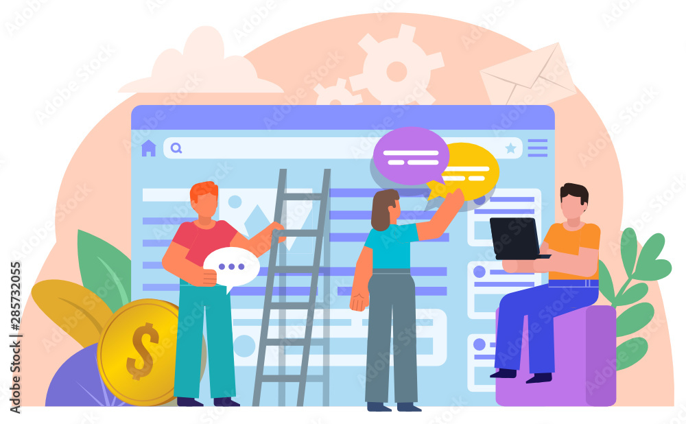 Web design studio, website creation process, creative team. People stand near big web page. Business poster for presentation, social media, banner, web page. Flat design vector illustration Web design studio, website creation process, creative team. People stand near big web page. Business poster for presentation, social media, banner, web page. Flat design vector illustration