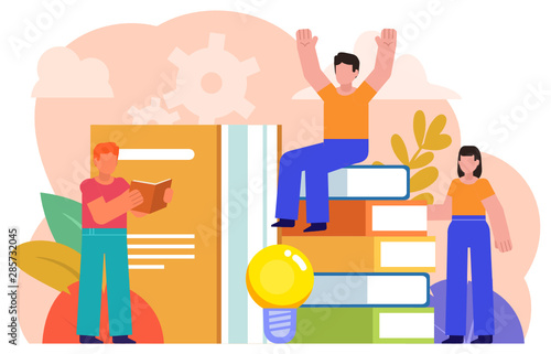 Self education concept, training, learning, library. People stand near big books and read. Poster for web page, presentation, social media, banner. Flat design vector illustration © paper_owl