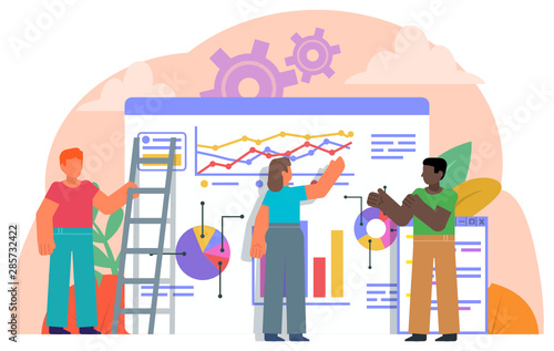 People stand near big page with various infographics, graphs, statistics. Data analysis, annual report. Poster for presentation, web page, banner, social media. Flat design vector illustration