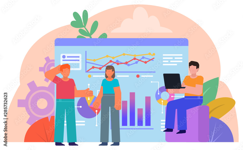 Business statistics, graph, charts. People stand near page with various charts, infographics. Poster for social media, web page, banner, presentation. Flat design vector illustration