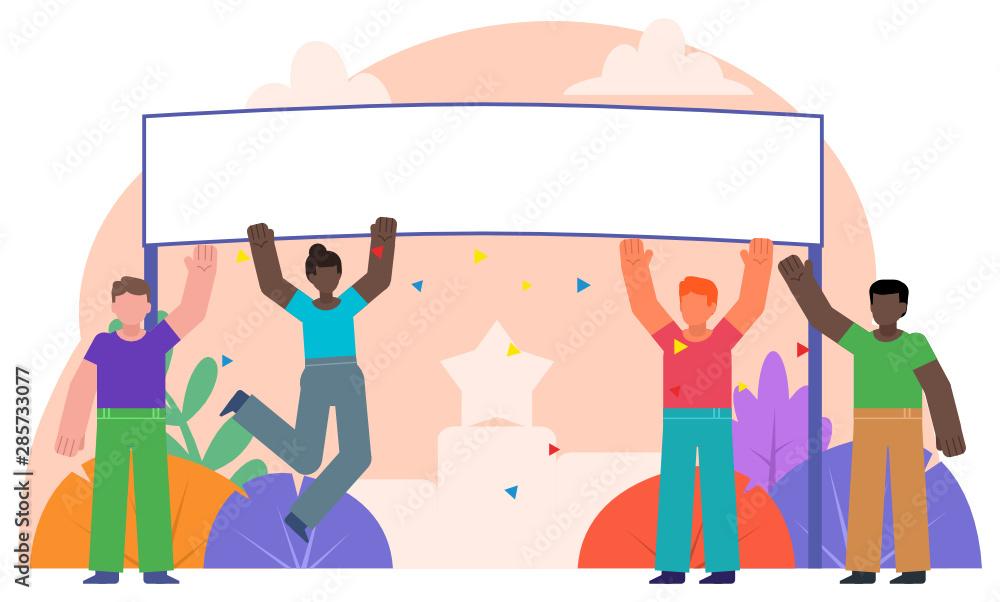 Cheering team, congratulations, greetings. People cheer for someone with blank banner. Poster for social media, web page, banner, presentation. Flat design vector illustration