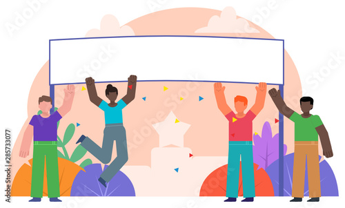 Cheering team, congratulations, greetings. People cheer for someone with blank banner. Poster for social media, web page, banner, presentation. Flat design vector illustration