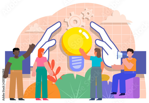 Intellectual property, idea protection concept. People stand near big hands covering idea light bulb. Poster for presentation, social media, banner, web page. Flat design vector illustration