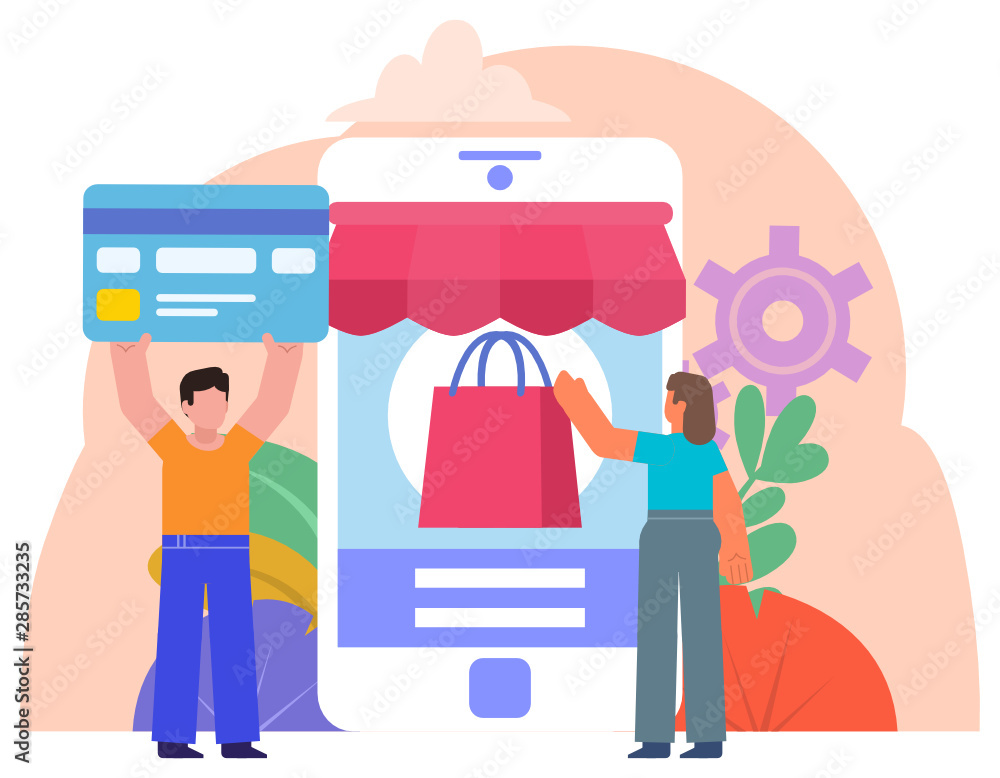 Mobile, online shopping. People stand near big smartphone, online store, buy with credit card. Poster for social media, banner, web page, presentation. Flat design vector illustration Mobile, online shopping. People stand near big smartphone, online store, buy with credit card. Poster for social media, banner, web page, presentation. Flat design vector illustration