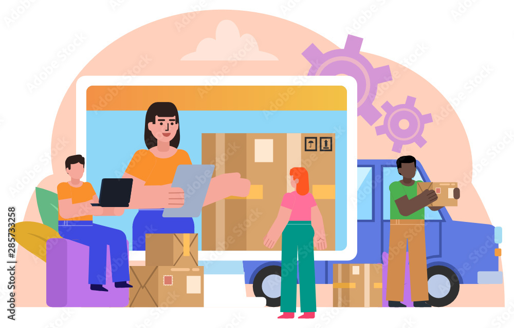 Online delivery service. People stand near big screen, delivery boxes, logistics concept. Poster for banner, social media, web page, presentation. Flat design vector illustration Online delivery service. People stand near big screen, delivery boxes, logistics concept. Poster for banner, social media, web page, presentation. Flat design vector illustration