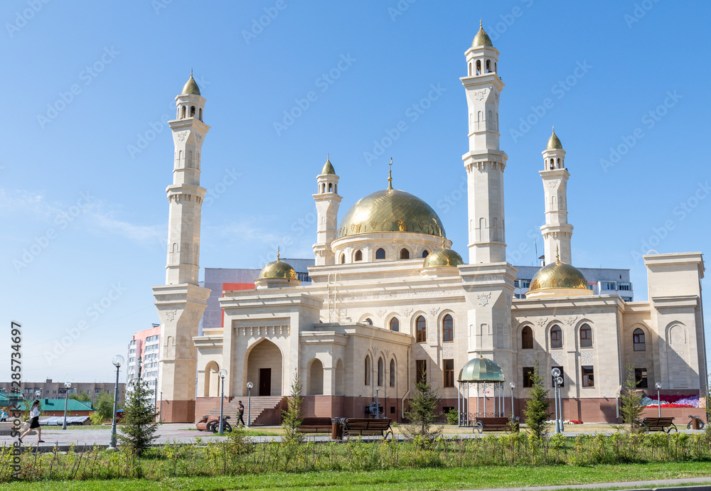 Petropavlovsk, Kazakhstan - August 20, 2019: Large Muslim mosque against the sky in the city. Nature, landscape.