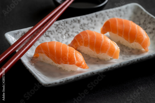 Salmon nigiri sushi on plate, Japanese food