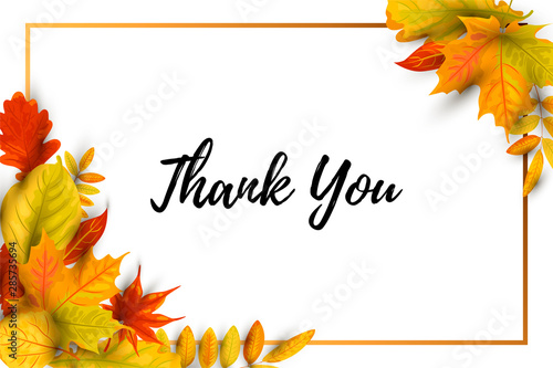 Thank you card. Autumn background with falling leaves, golden frame. Place for text. Great for bridal shower, party invitation, autumn sale, wedding, web, fall festival. Vector illustration.