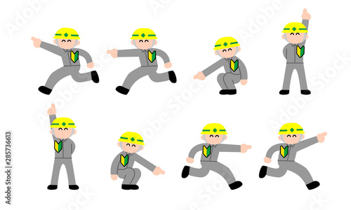 笑顔で指差す新人工場作業員（デフォルメカラー）