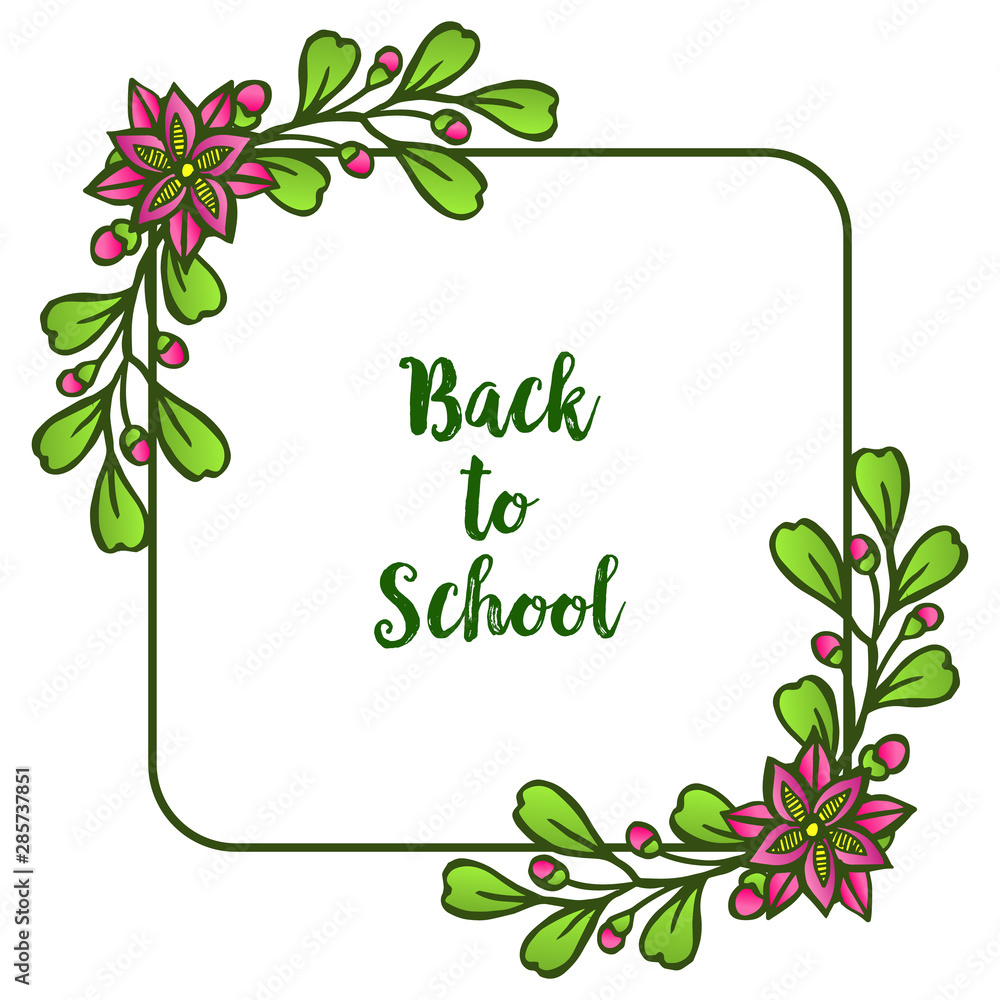 Back to school card design with texture abstract purple flower frame and green leaves. Vector