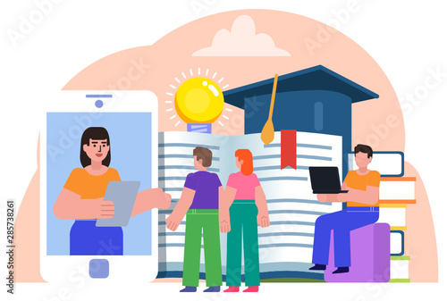 Online learning, courses, distant education concept. People stand near big smartphone, books. Poster for social media, banner, web page, presentation. Flat design vector illustration