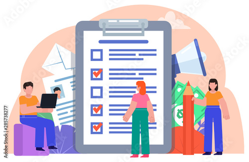 People stand near big documents, clipboard, to do list. Business planning, tasks manager. Business poster for presentation, social media, banner, web page. Flat design vector illustration