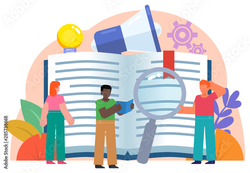 Self education concept. Students stand near big book preparing for exams. Poster for social media, web page, banner, presentation. Flat design vector illustration