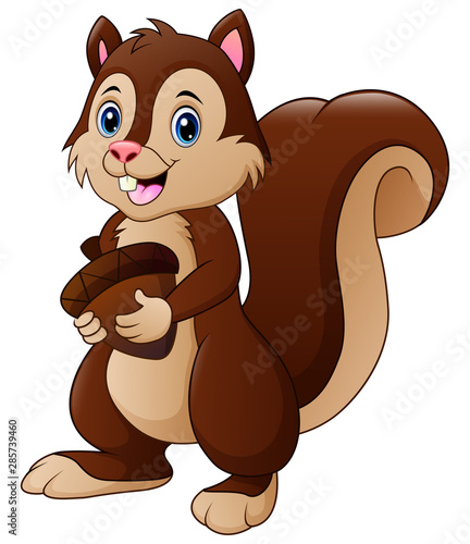 Funny squirrel cartoon holding a acorn