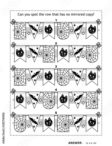 Halloween themed puzzle with bunting flags: Can you spot the row that has no mirrored copy? Answer included.