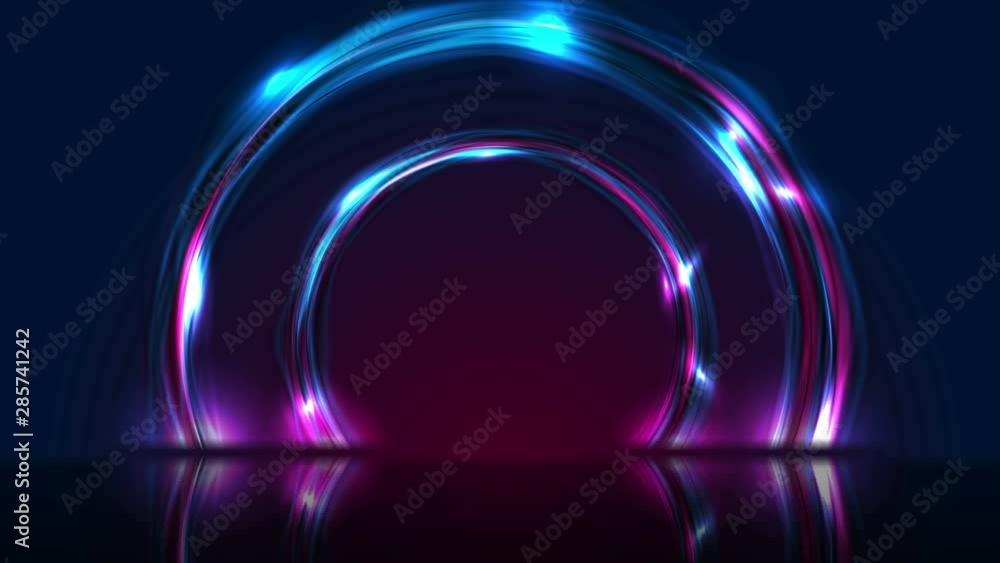Blue ultraviolet neon laser circles with reflection. Abstract flowing ...