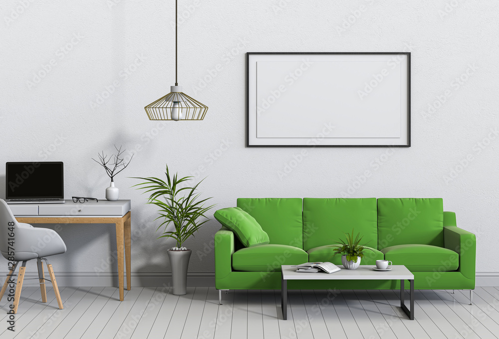3D render interior living room workspace with sofa, laptop computer and mockup blank poster 3D render interior living room workspace with sofa, laptop computer and mockup blank poster