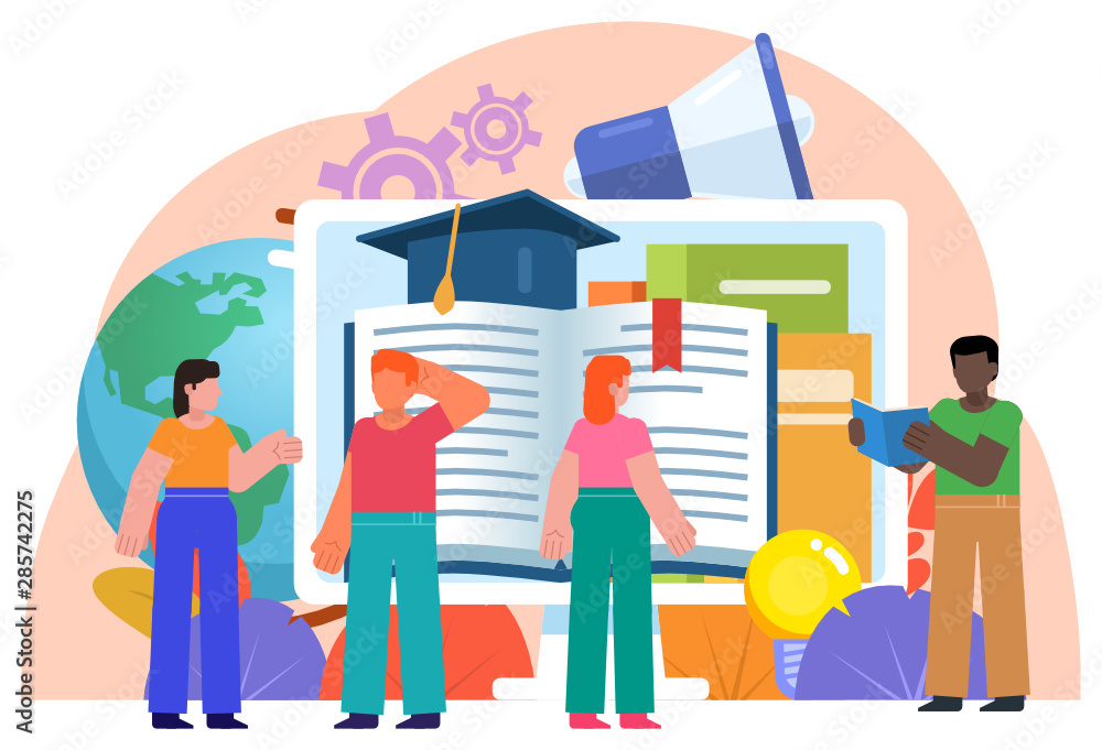 Online courses, video lessons, distance education concept. Students stand near big screen with books. Poster for social media, web page, banner, presentation. Flat design vector illustration