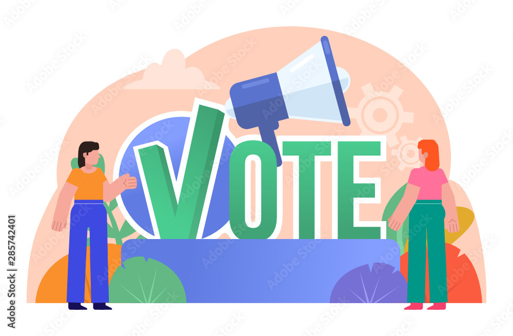 Vote, election campaign poster. People stand near big vote word. Flat design vector illustration