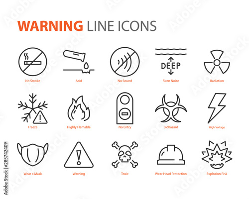 set of warning icons, such as flammable, danger, biohazard, toxic, caution