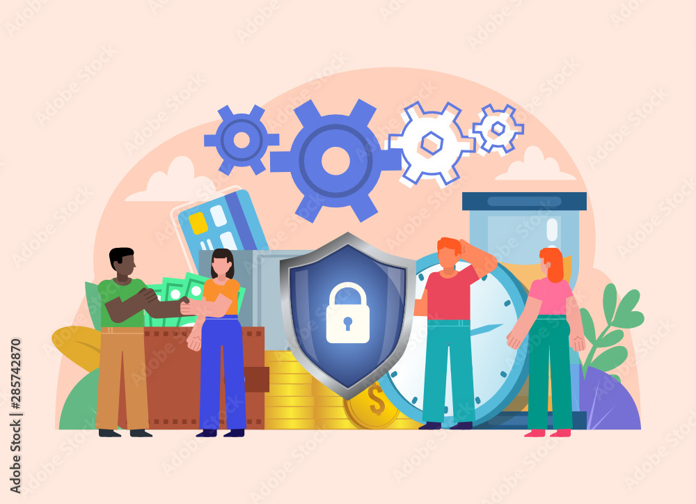 Financial security. Secure, protected deposit, savings. People stand near big coins, cash, wallet, safe. Poster for social media, web page, banner, presentation. Flat design vector illustration Financial security. Secure, protected deposit, savings. People stand near big coins, cash, wallet, safe. Poster for social media, web page, banner, presentation. Flat design vector illustration