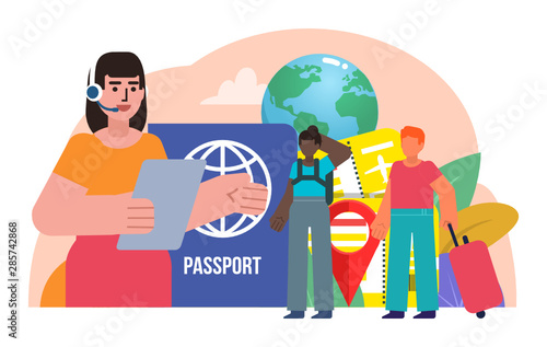 Travel, tourism operator, agency, manager. Poster for social media, web page, banner, presentation. Flat design vector illustration