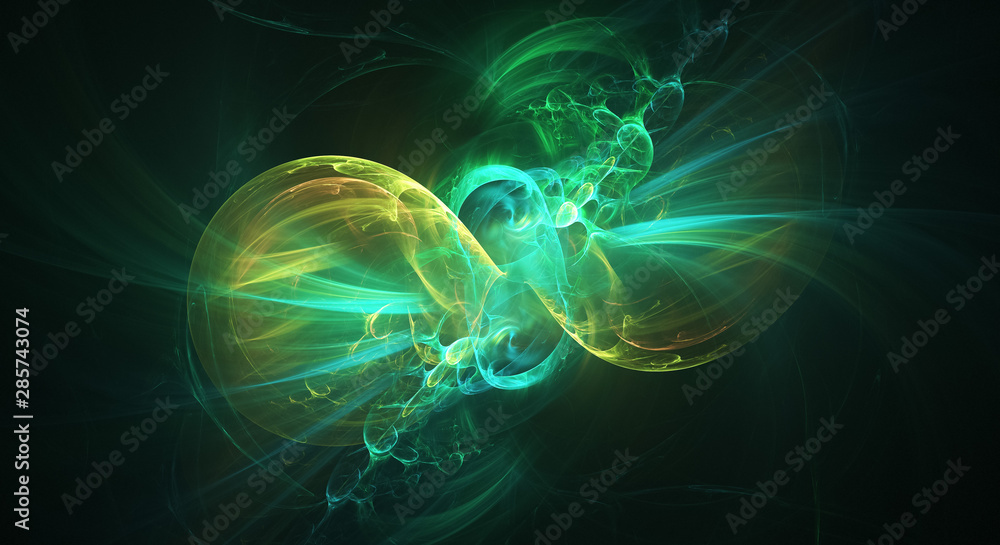 Abstract transparent green and yellow crystal shapes. Fantasy light background. Digital fractal art. 3d rendering.
