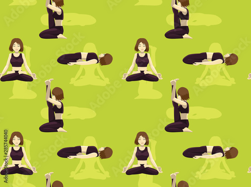 Manga Yoga Lotus Pose Woman Cartoon Background Seamless Wallpaper