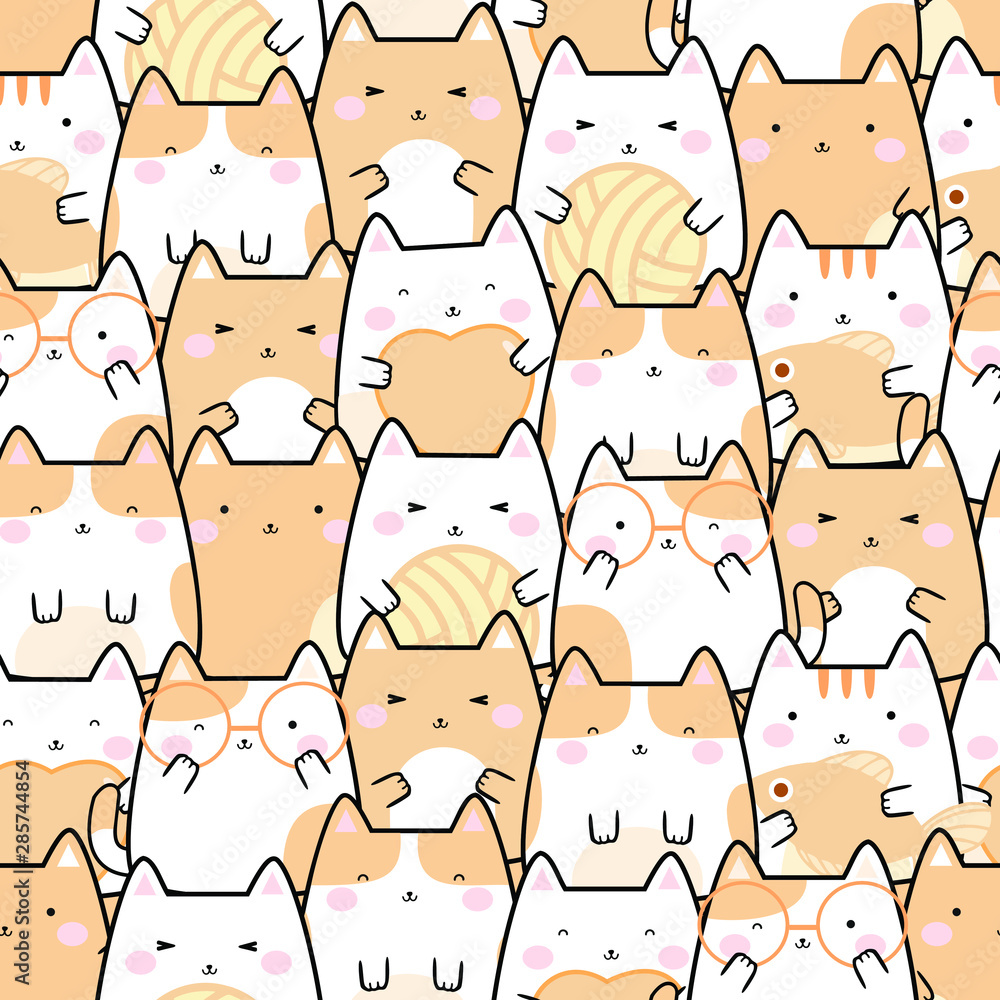 Seamless Pattern Kawaii Cute Cats, Cartoon Animals Background, Vector ...