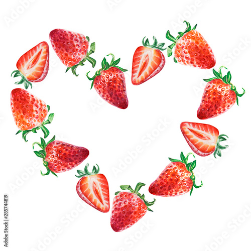 Fototapeta Naklejka Na Ścianę i Meble -  Watercolor red juicy strawberry frame. Food background, painted bright composition. Hand drawn food illustration. Fruit print. Summer sweet fruits and berries.