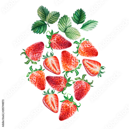Watercolor red juicy strawberry from small berries. Food background, painted bright composition. Hand drawn food illustration. Fruit print. Summer sweet fruits and berries.