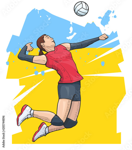 Vector illustration of female volleyball player jumping, ready to hit the ball. Volleyball sport themed poster on abstract background