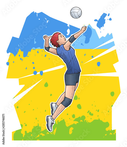 Vector illustration of female volleyball player jumping and hitting the ball. Sport themed volleyball poster on abstract background