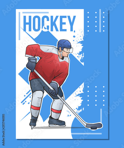 Vector illustration of ice hockey player standing with stick. Winter sport themed hockey poster on abstract background