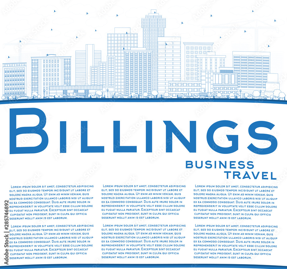 Outline Billings Montana City Skyline with Blue Buildings and Copy Space.