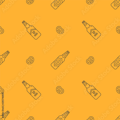 Seamless vector pattern with beer glass bottles and pretzel appetizer snack, made of simple icon colorful illustrations. Oktoberfest endless background. Good for print wrapping paper or pub menu backg