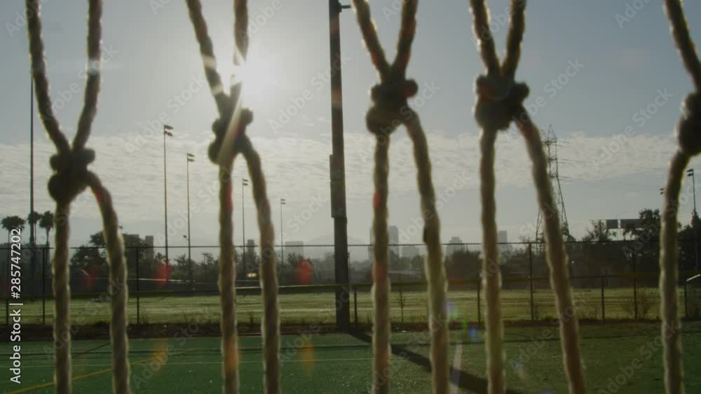 Close-up of Soccer Net Bungees on a net on a field Close-up of Soccer Net Bungees on a net on a field