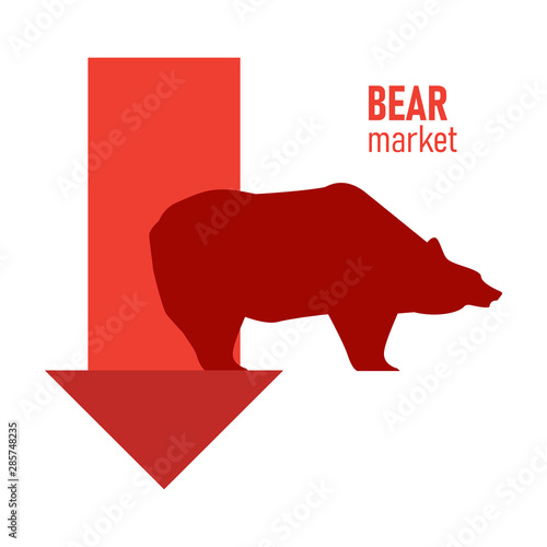 Bear market. Bear and red arrow. The chart and the indicator show a downward trend. Stock market vector illustration.