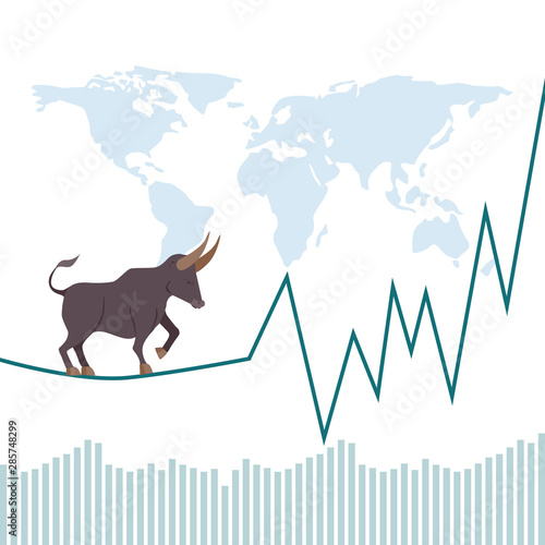 Bullish market. Bull rears up on a growth graph of stock market investing profit chart. Vector.