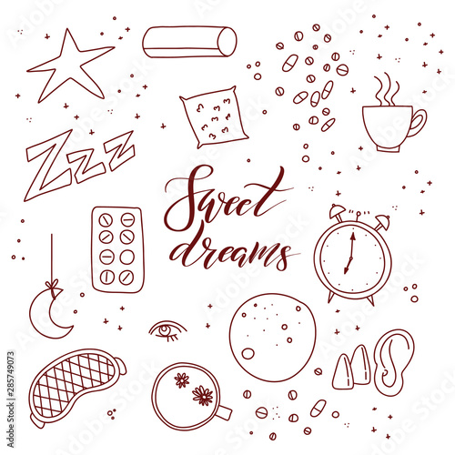 Sleep and insomnia outline items including moon, stars, sheep, pillow, tea or coffee, pills, dream catcher, mask, alarm clock, nightcap isolated on white background. Vector.