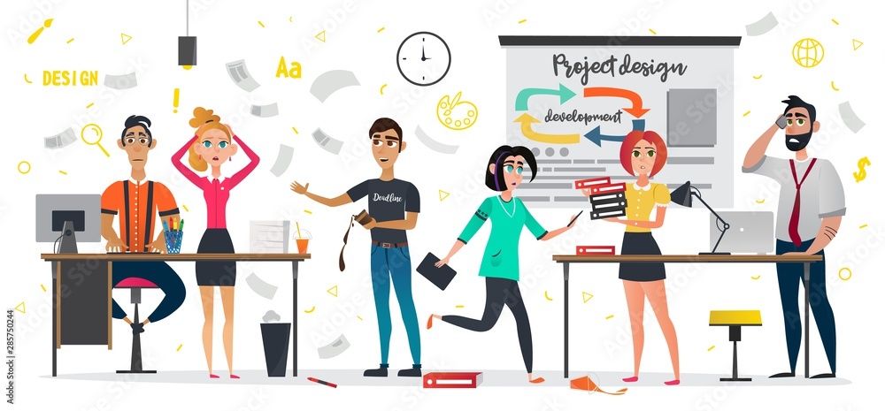 Fotografie Cartoon People Hurry Panic Design Studio Deadline