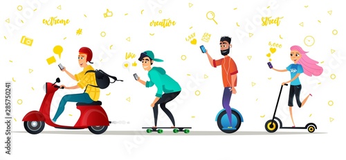 Cartoon People Ride Eco Transport City Street